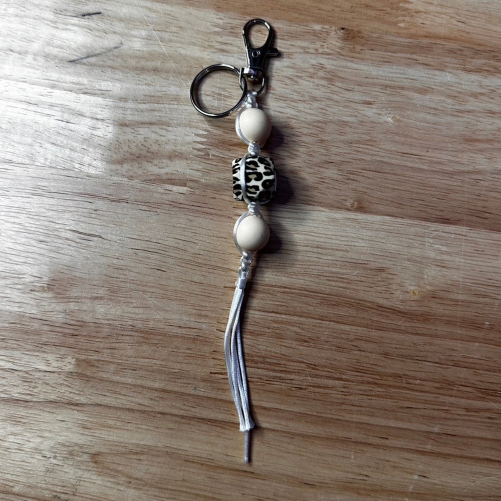 Leopard Print Beaded Keychain Boho Tassel Bag Charm Cream Neutral Animal Print